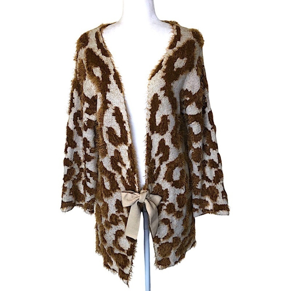 UNIQ Mocha Leopard Print Long Fluffy Textured Cardigan S/M Cozy Lounge Wear‎